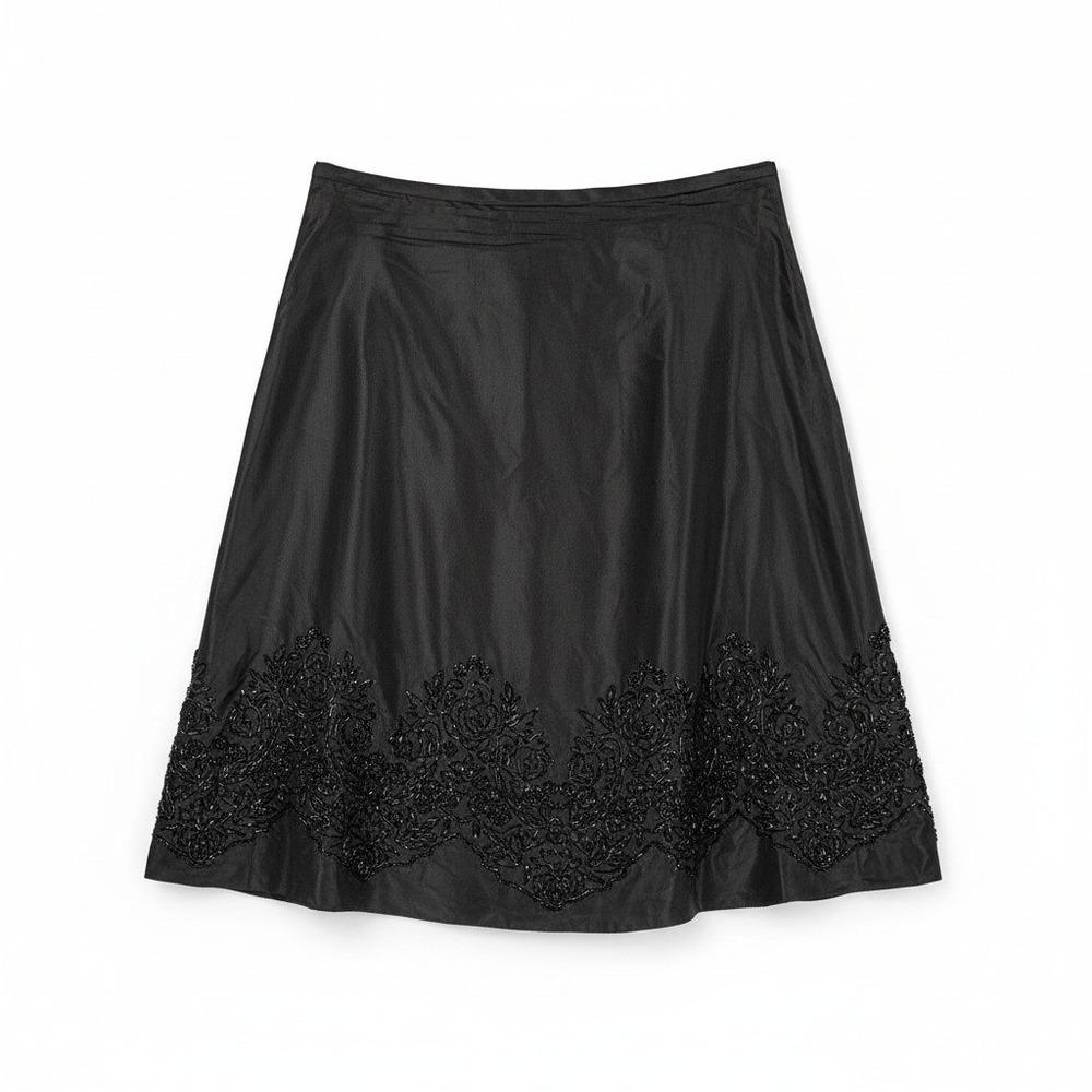 Teri Jon Silk Skirt Womens 12 Black Beaded Floral Embroidered A-Line Formal